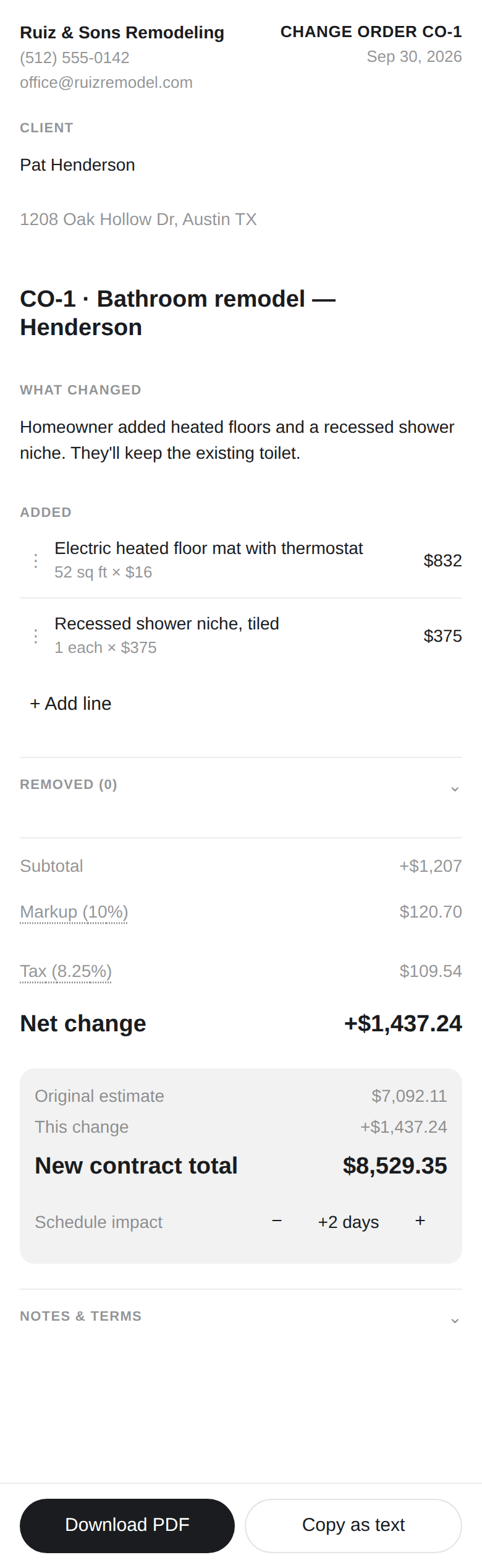 JobPaper change order showing a new contract total of $8,529